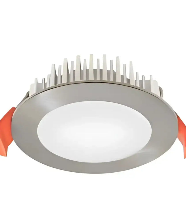 Silver-colored LED downlight 90mm with white diffuser and orange spring clips from Domus Tek