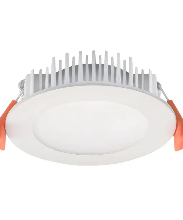 White round LED downlight with finned heat sink and orange spring clips for Domus Tek 90mm LED downlight