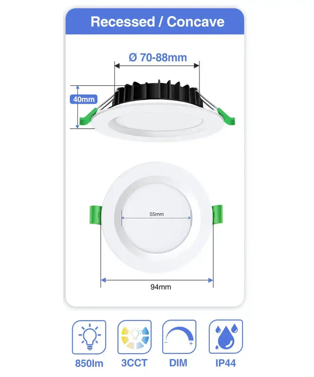 10W Tri-Colour Dimmable LED Downlight | 70mm Cut Out | Uluru Mini