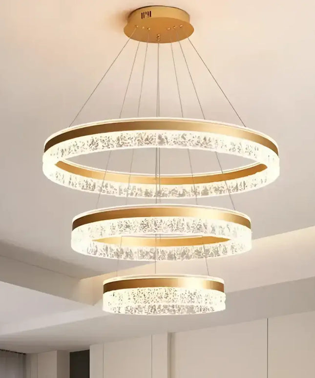 Victoria 180W Gold 3 Rings Water Ripple LED Crystal Chandelier with tiered gold and crystal design