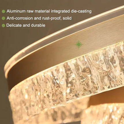 Modern crystal chandelier detail from VICTORIA 180W Gold 3 Rings Water Ripple LED Chandelier