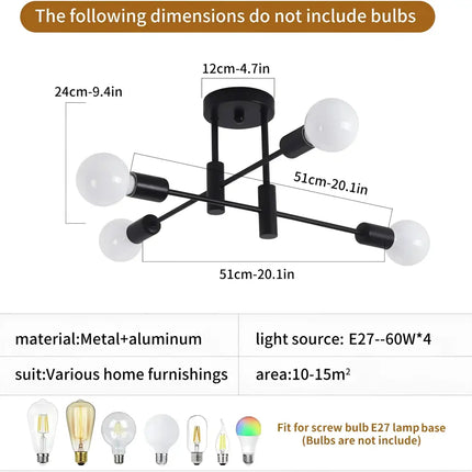 Black metal four-bulb ceiling light fixture from Voltaro 4-Light Modern Industrial Pendant