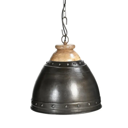Industrial-style pendant light with washed iron and wood lampshade for modern decor