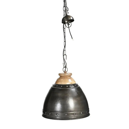 Hanging metal and wood pendant light in WASHED IRON AND WOOD LAMPSHADE style