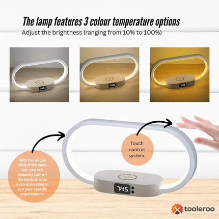 Oval LED table lamp with touch control, built-in clock, wireless charging, and dimmable light