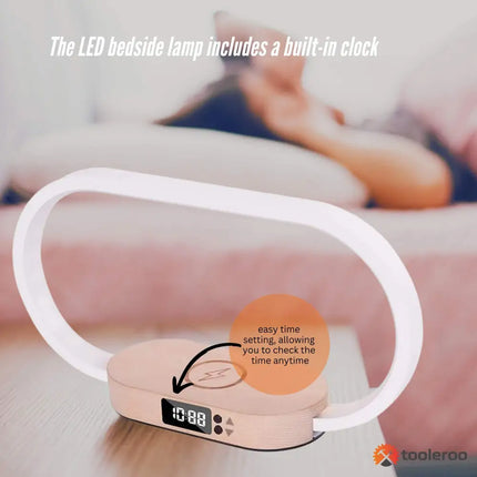 LED bedside lamp with built-in clock and wireless charging for bedroom or office use