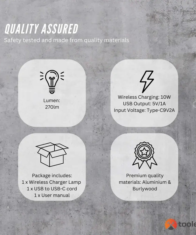 Wireless Charging Table Lamp with Dimmable Light, Built-in Clock, and Product Specifications