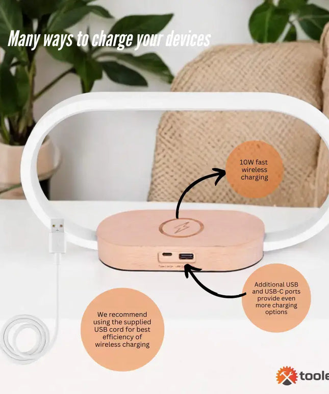Wireless charging station with USB ports on Bedside Office Dimmable Light With Clock