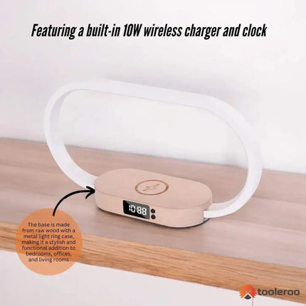 Wireless charging table lamp with built-in clock, dimmable light for bedside or office use