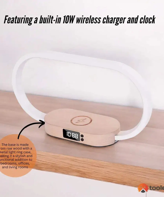 Wireless charging table lamp with built-in clock, dimmable light for bedside or office use