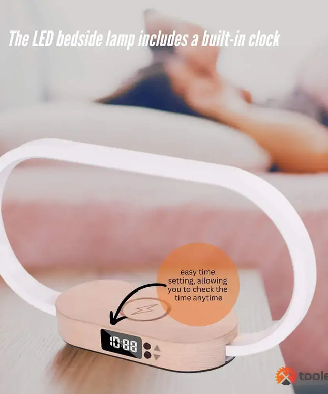 LED bedside lamp with built-in clock and wireless charging for bedroom or office use