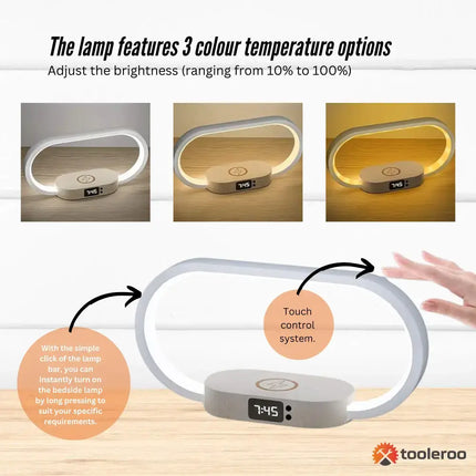 Oval LED table lamp with touch control, built-in clock, wireless charging, and dimmable light