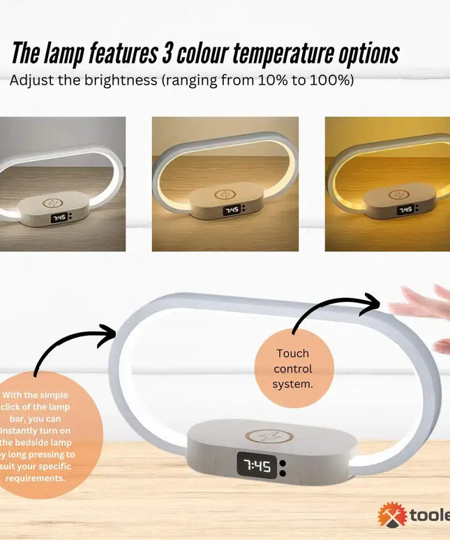 Oval LED table lamp with touch control, built-in clock, wireless charging, and dimmable light