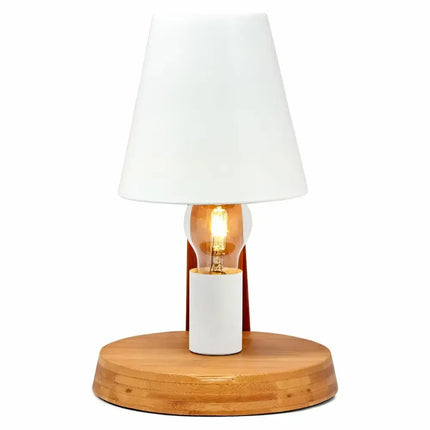 Illuminated wooden based modern desk lamp with white metal shade for stylish lighting
