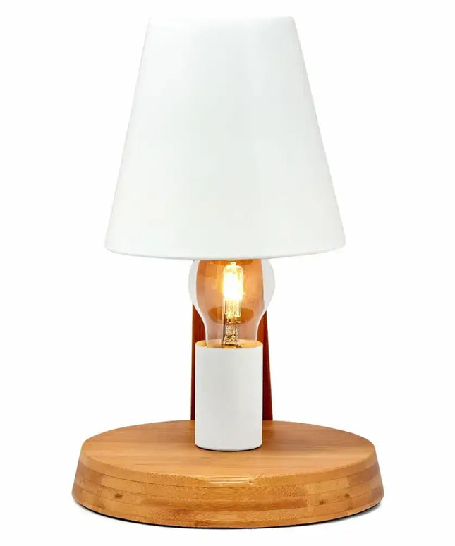 Illuminated wooden based modern desk lamp with white metal shade for stylish lighting