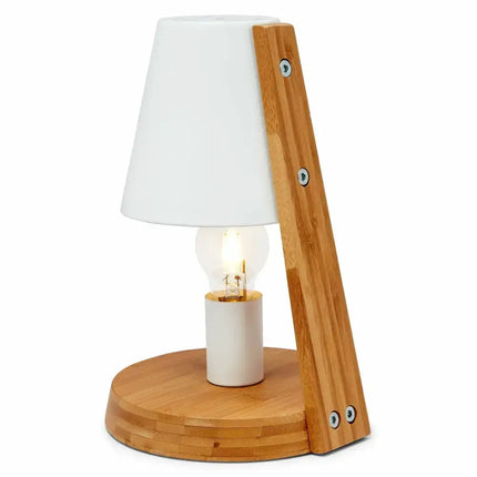 Modern white and wood desk lamp with metal shade and designer wooden base