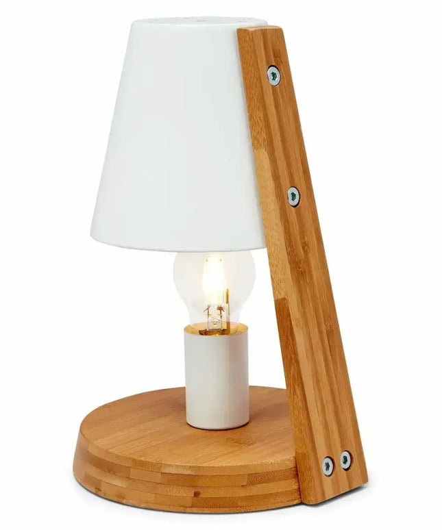 Modern white and wood desk lamp with metal shade and designer wooden base