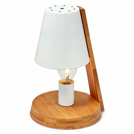 White and wood accent lamp with modern metal shade and wooden base for stylish decor