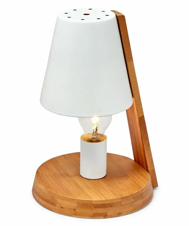 White and wood accent lamp with modern metal shade and wooden base for stylish decor