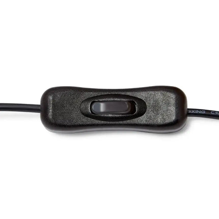 Black inline cord switch on modern wooden desk table lamp with metal shade White