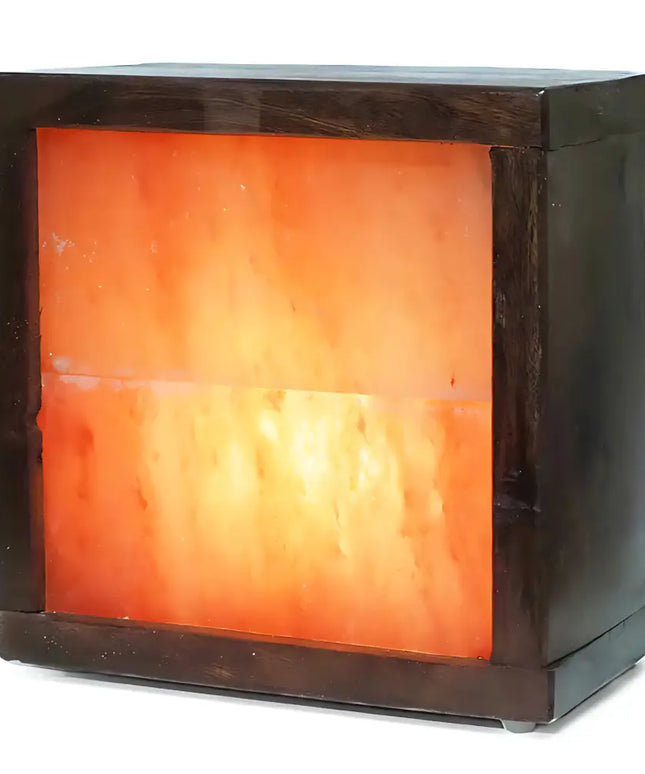 Himalayan salt slab encased in an elegant wooden box with an Australian-standard cord.