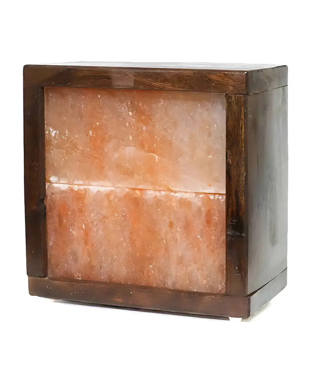 Handcrafted wooden box slab Himalayan salt lamp emitting a warm amber glow, ideal for home decor.