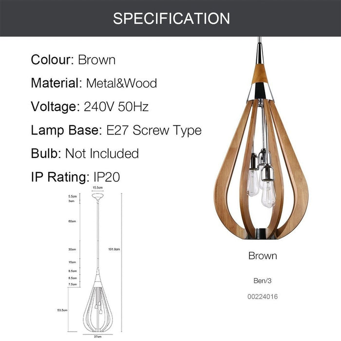 BONITO 3-Light Dark Brown Timber Pendant Light with a tear drop shape-Pendant Light-Dropli