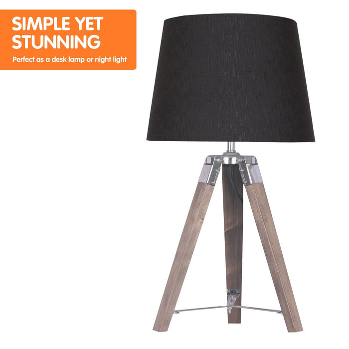 Sarantino Wooden Tripod Table Lamp With Black Taper Fabric Shade-Home & Garden > Lighting-Koala Lamps and Lighting